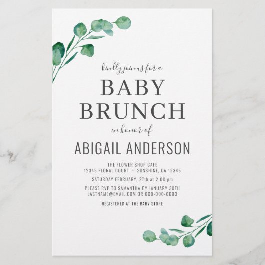 Budget Eucalyptus Baby Brunch Groene Uitnodiging (Voorkant)
