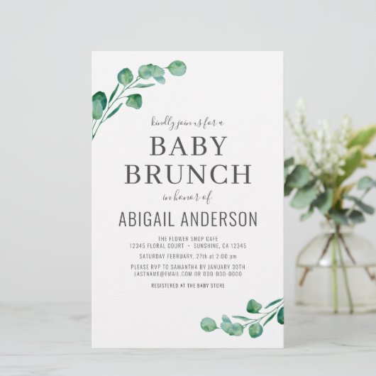 Budget Eucalyptus Baby Brunch Groene Uitnodiging (Staand voorkant)
