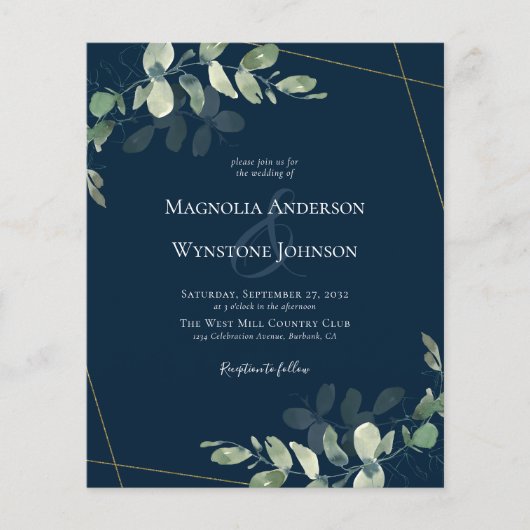 Budget Eucalyptus Blue Gold Weduwen Uitnodiging (Voorkant)