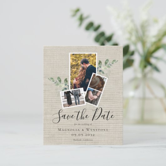 BUDGET Eucalyptus Burlap Weduwen sparen de datum (Staand voorkant)