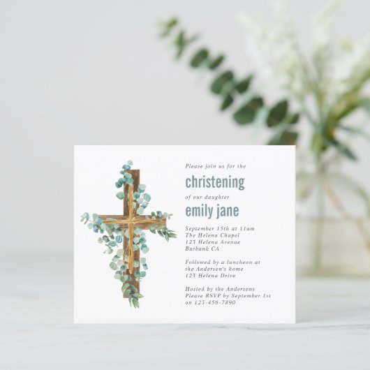 Budget Eucalyptus Cross Christening Uitnodiging (Staand voorkant)