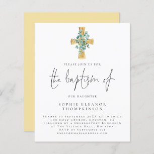 Budget Eucalyptus Cross Script Baptism Uitnodiging