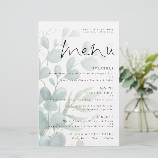 Budget Eucalyptus Elegant Script Wedding Menu (Staand voorkant)