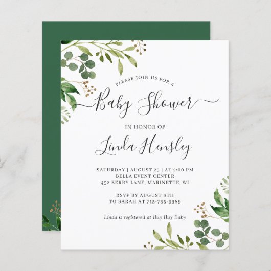 Budget Eucalyptus Feuilles Baby Shower Invitations (Devant / Derrière)