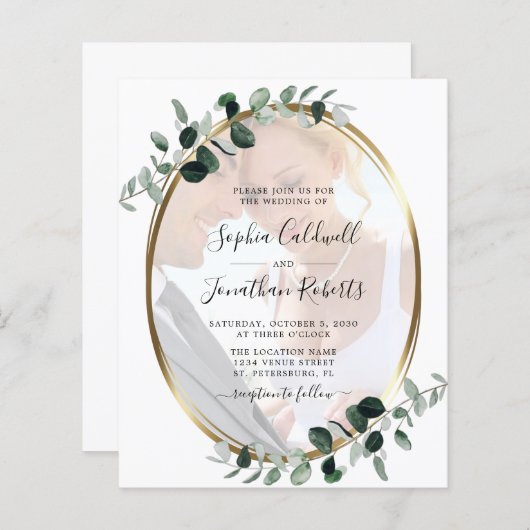 Budget Eucalyptus Foto QR Code Weddenschap Uitnodi (Voorkant / Achterkant)