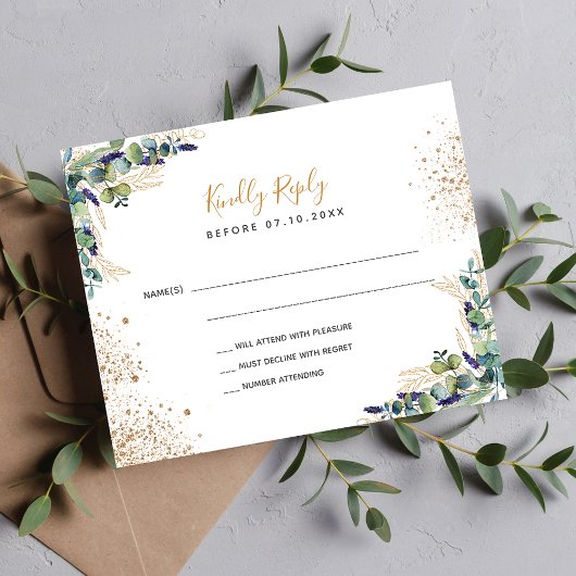 Budget eucalyptus glitter bruiloft RSVP-kaart