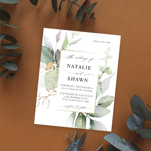 Budget Eucalyptus Glow Gold Greenery Wedding Flyer