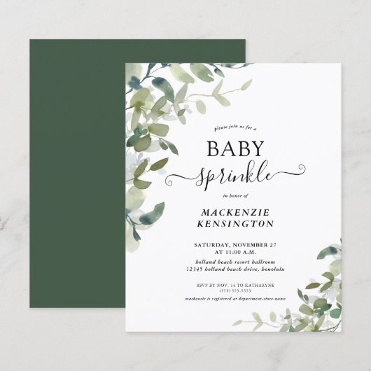 Budget Eucalyptus Green Baby Sprinkle Uitnodiging (Voorkant / Achterkant)