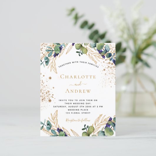 Budget eucalyptus greenery bruiloft uitnodiging (Staand voorkant)