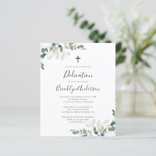 Budget Eucalyptus Greenery Dedication Invitation (Staand voorkant)