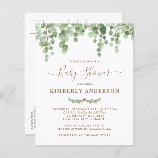 Budget Eucalyptus Greenery Gold Baby shower Invite (Voorkant / Achterkant)