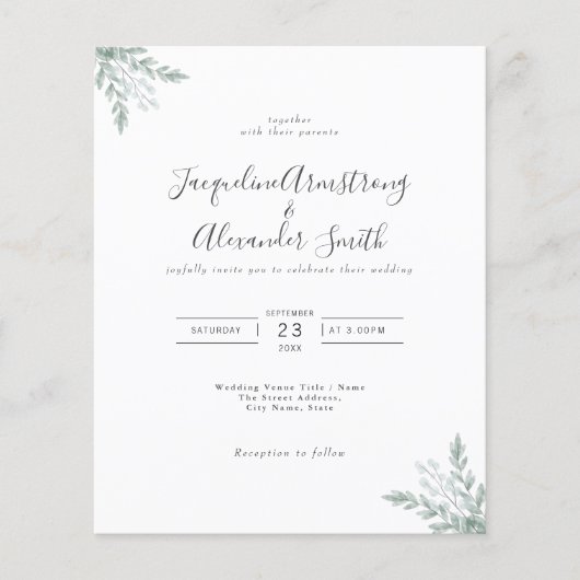 Budget Eucalyptus Greenery Wedding Invitation Flyer (Voorkant)