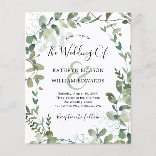Budget Eucalyptus Greenery Wedding Invitation Flyer (Voorkant)