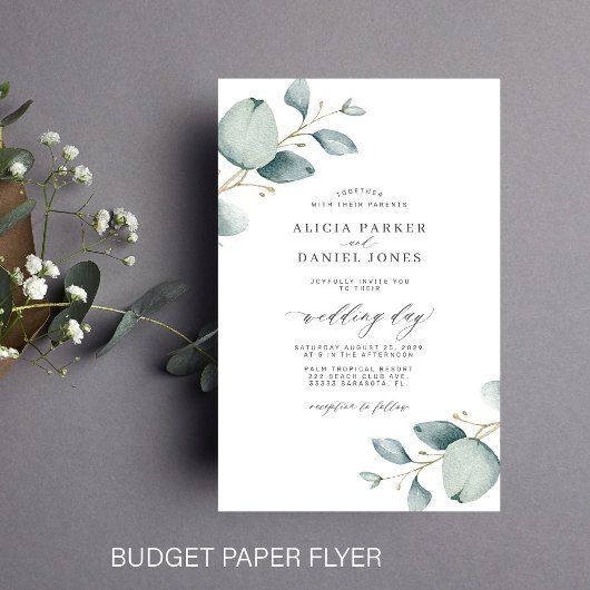 Budget eucalyptus groen chic bruiloft uitnodiging flyer