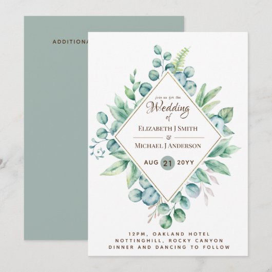 Budget Eucalyptus Groene Moderne Trouw Uitnodiging (Voorkant / Achterkant)