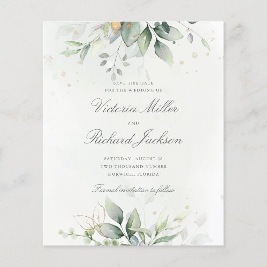 Budget Eucalyptus Groene natuur Goud Save The Date (Voorkant)