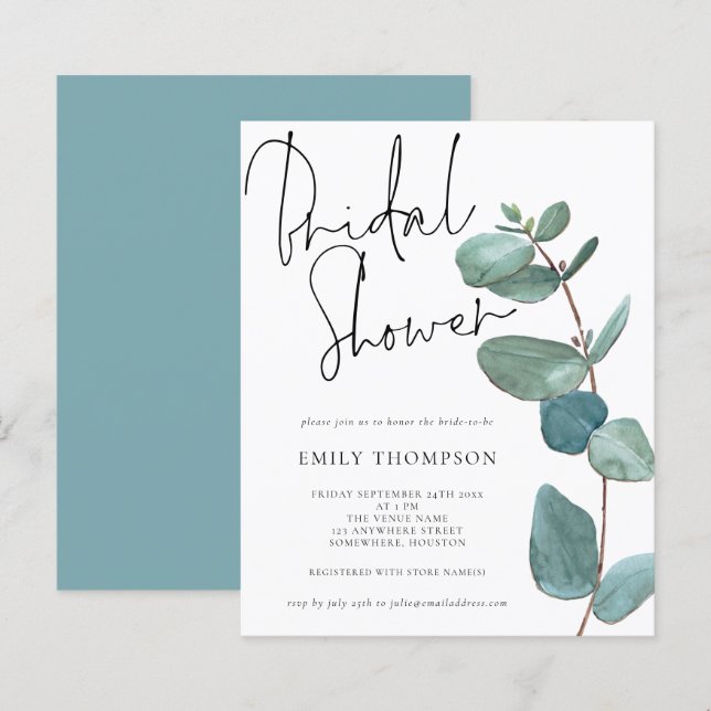 Budget Eucalyptus Leaf Bridal Shower Uitnodiging (Voorkant / Achterkant)