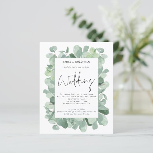 Budget Eucalyptus Leaf QR Code Weduwen Uitnodiging (Staand voorkant)