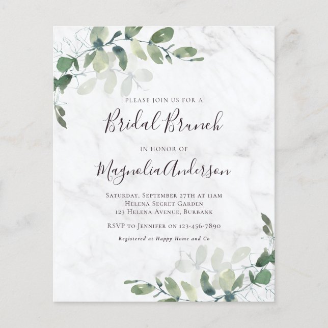 Budget Eucalyptus Marble Bridal Brunch Uitnodiging (Voorkant)