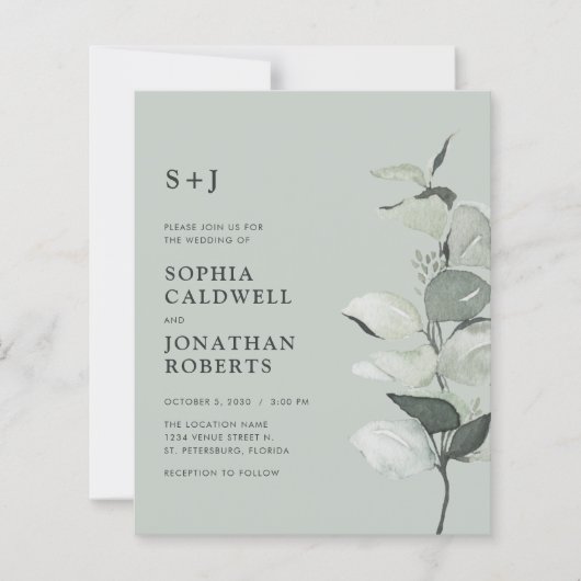 Budget Eucalyptus QR Code Monogram Bruiloft Uitnod (Voorkant)