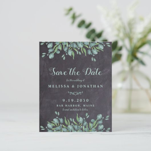 Budget Eucalyptus Rustic Enregistrer La Date Carte (Debout devant)