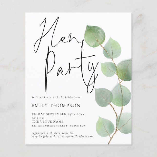 Budget Eucalyptus Script Hen Party Uitnodiging (Voorkant)
