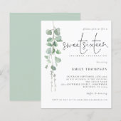 Budget Eucalyptus Script Sweet Sixteen Uitnodiging (Voorkant / Achterkant)