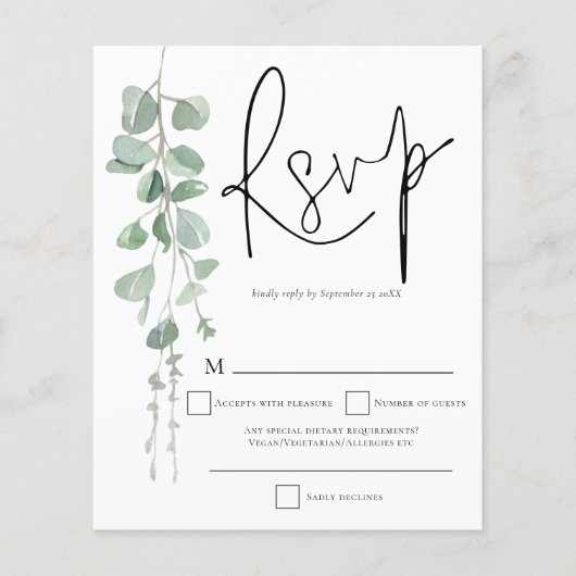 Budget Eucalyptus Script Weddenschap RSVP (Voorkant)
