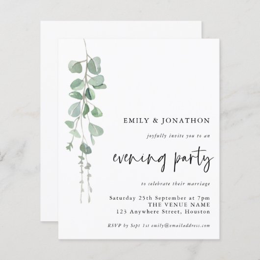 Budget Eucalyptus Script Wedding Evening Party (Voorkant / Achterkant)
