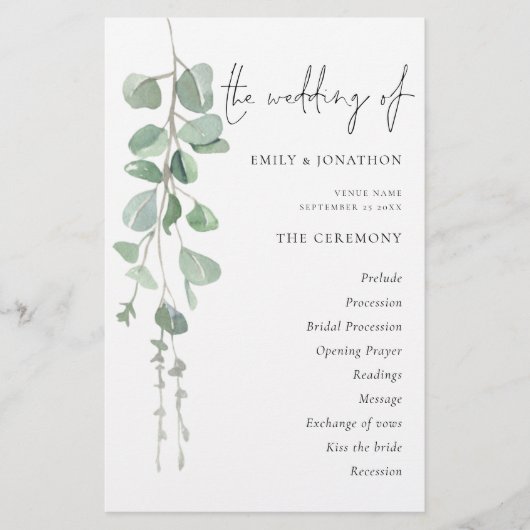 Budget Eucalyptus Script Wedding Programme (Devant)