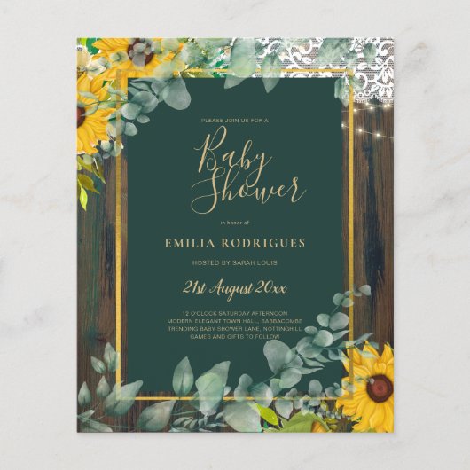 BUDGET Eucalyptus Sunflower BABY SHOWER Rustige Fl Flyer (Voorkant)