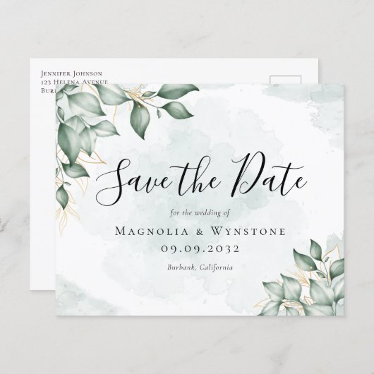 BUDGET Eucalyptus Weddenschap Save the Date Briefk (Voorkant / Achterkant)