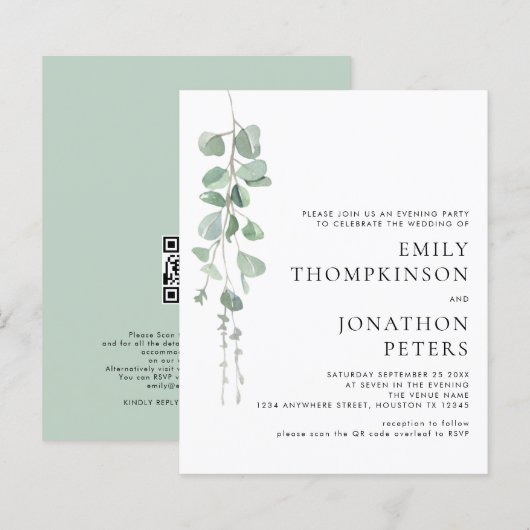 Budget Eucalyptus Wedding Evening Party Uitnodigin (Voorkant / Achterkant)