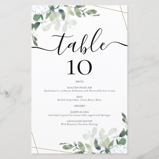 BUDGET Eucalyptus Wedding Menu Table Number Kaart (Voorkant)