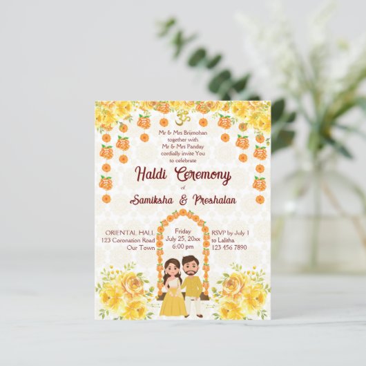 Budget faire-part de mariage indien Haldi modèle (Debout devant)