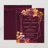 Budget Fall Leaves Flowers Burgundy Wedding Invite (Voorkant / Achterkant)