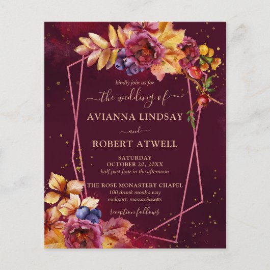 Budget Fall Leaves Flowers Burgundy Wedding Invite (Voorkant)