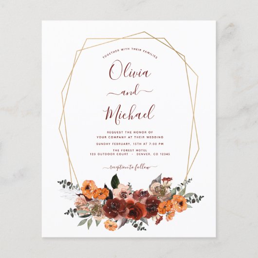 Budget Fall Wedding Burgundy Eucalyptus Floral Flyer (Voorkant)