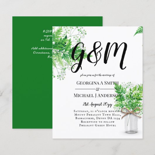 BUDGET Ferns Greenery White Wedding Invite (Voorkant / Achterkant)