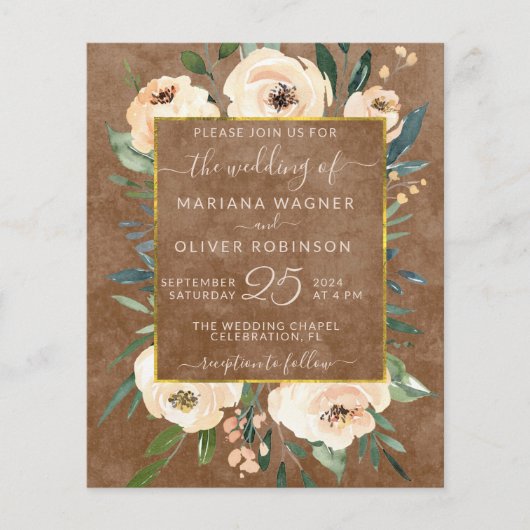 Budget Floral Beige Gold Brown Wedding Invitation Flyer (Voorkant)