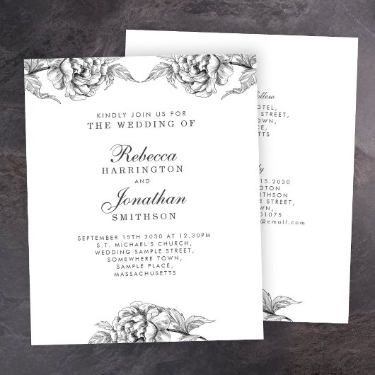 Budget  Floral Black White Wedding Invite