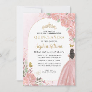 Budget Floral Blush Pink Gold Princess Quinceanera Notitiekaartje