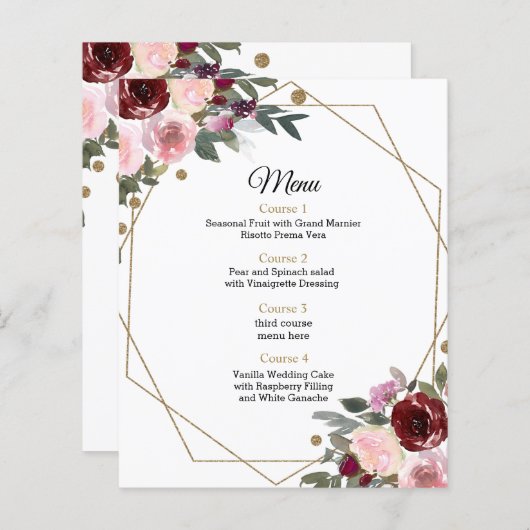 Budget Floral Burgundy Gold Geometric Wedding Menu (Voorkant / Achterkant)