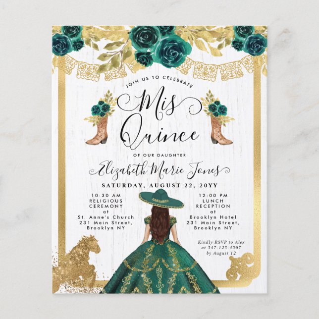 Budget Floral Emerald Green Charra Quinceanera (Voorkant)