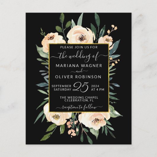 Budget Floral Gold Black Weduwen Invitation Flyer (Voorkant)