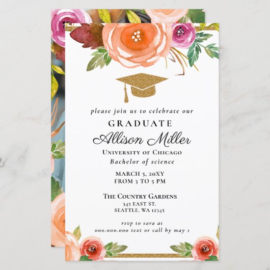 Budget Floral Gold Photo Afstuderen Uitnodiging (Voorkant / Achterkant)