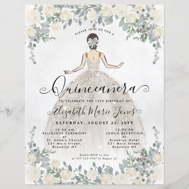 Budget Floral Ivory White Princess Quinceanera (Voorkant)