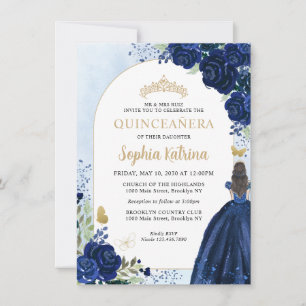 Budget Floral Navy Blue Gold Princess Quinceanera Notitiekaartje