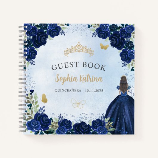Budget Floral Navy Blue Gold Quinceanera Livre d'o (Devant)