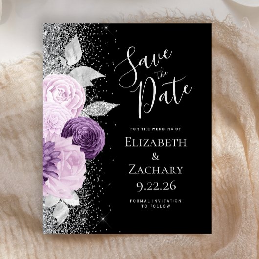 Budget Floral Paarse Silver Glitter Save the Date